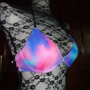 PINK Victoria's Secret blue tie dye bikini pushup strappy lace up sides swim top